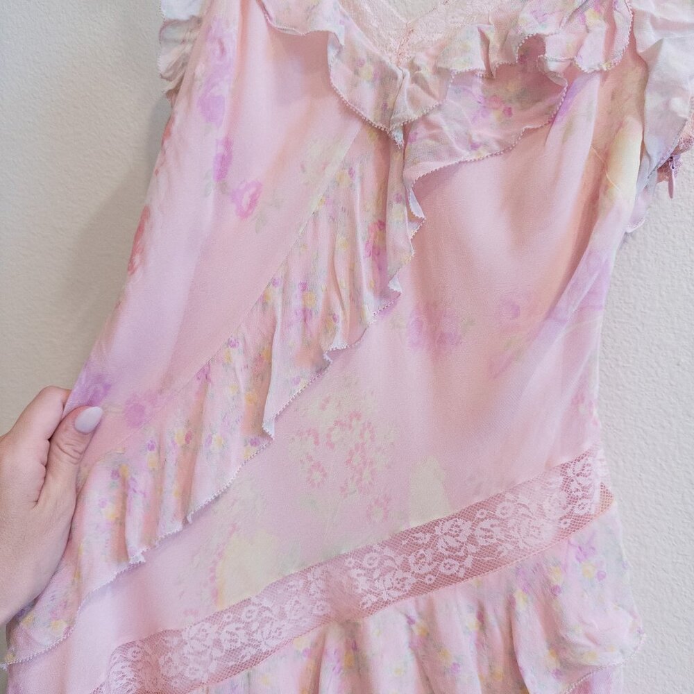 LoveShackFancy Serima Mini Dress Pink Combo Ruffled Lace Slip Dress, Size Small - Picture 3 of 8